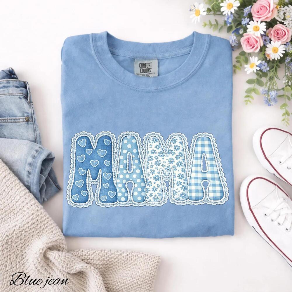 Mama Shirt Blue Patchwork, Printed Fabric Appliquã© Look t-shirt